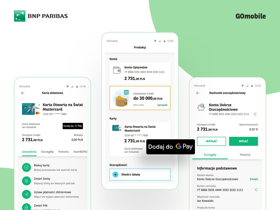 Ekrany aplikacji GOmobile z materiałów prasowych BNP Paribas, czerwiec 2020